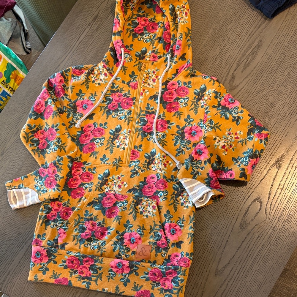 AMPERSAND AVE Mustard Yellow Floral Hoodie Jacket